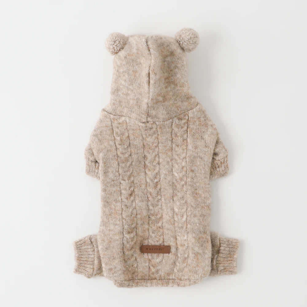 Moncheri Wool-blend Cable Knit with Ears Rompers, Beige