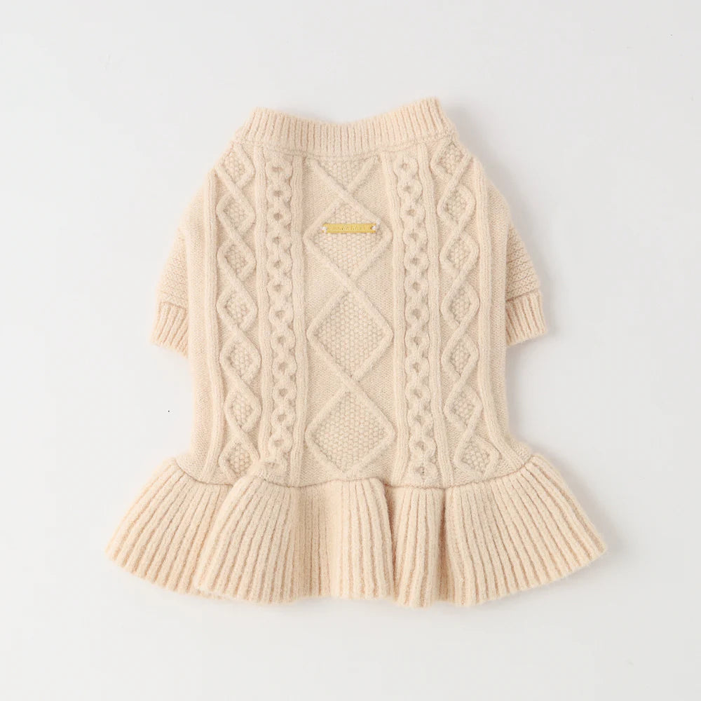 Moncheri Knit Cable Frill Dress, Ivory