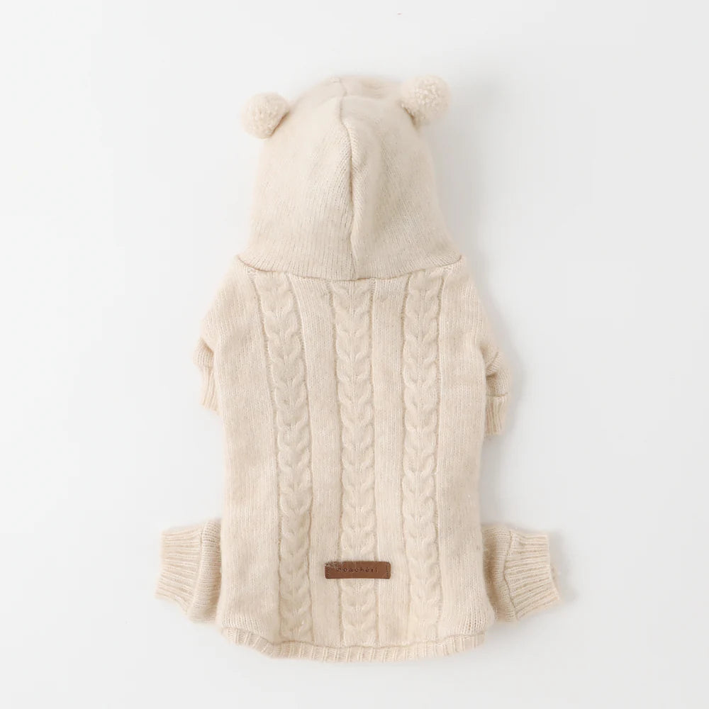 Moncheri Wool-blend Cable Knit with Ears Rompers, Ivory