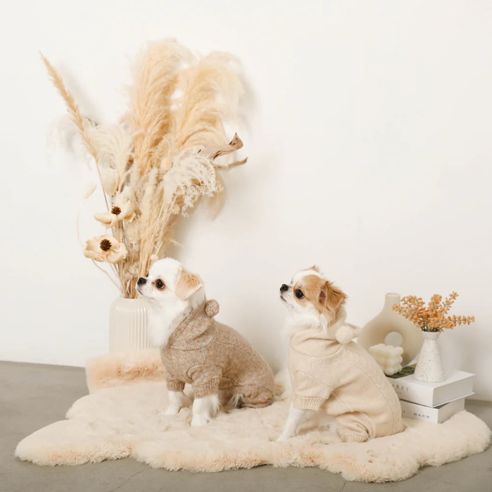 Moncheri Wool-blend Cable Knit with Ears Rompers, Ivory