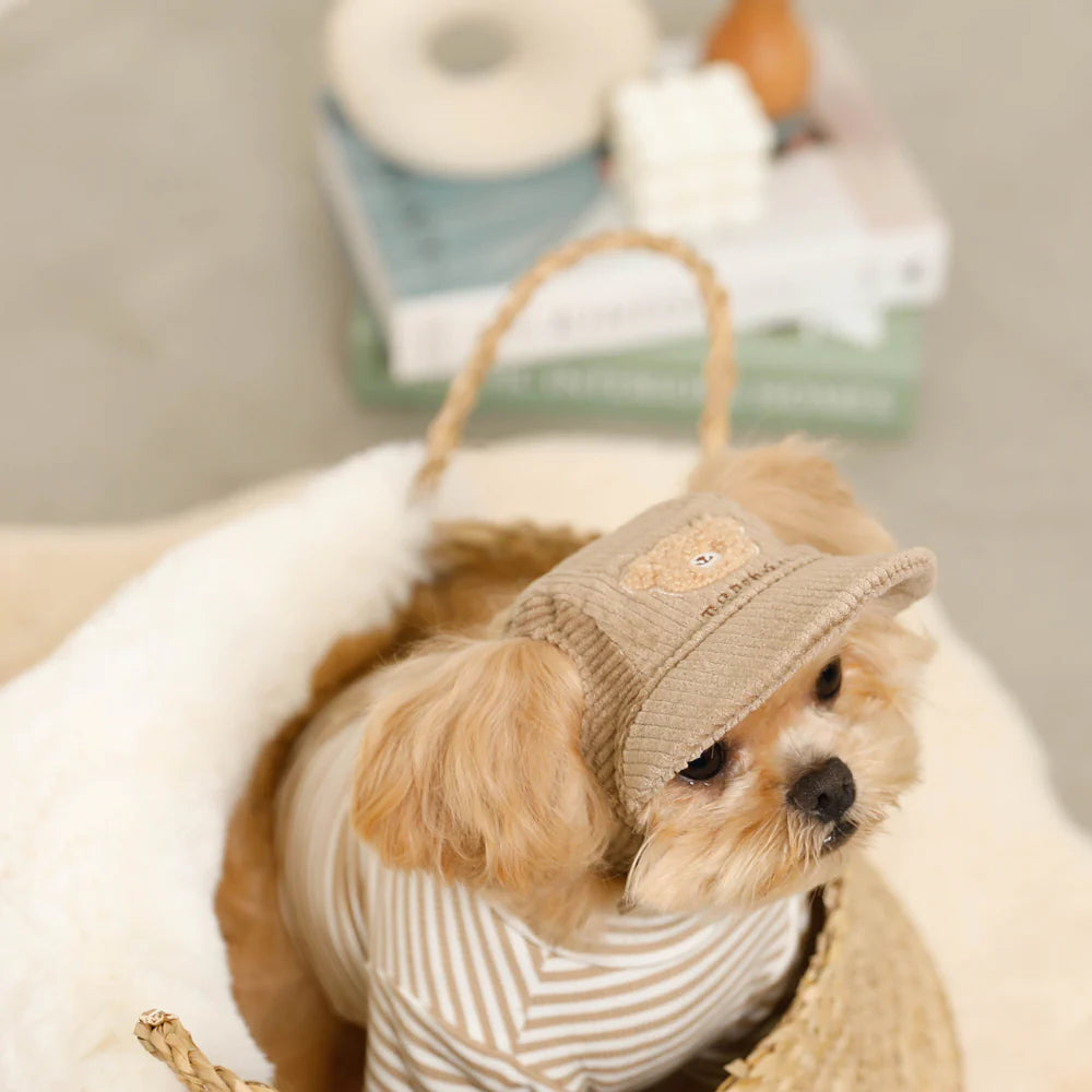 Moncheri Kuma Embroidery Corduroy Cap, Beige