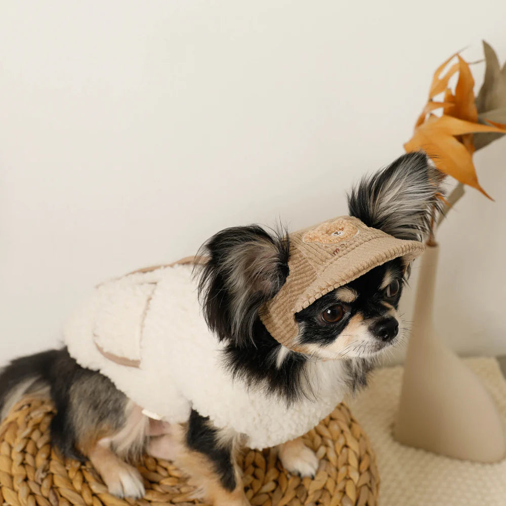 Moncheri Kuma Embroidery Corduroy Cap, Beige
