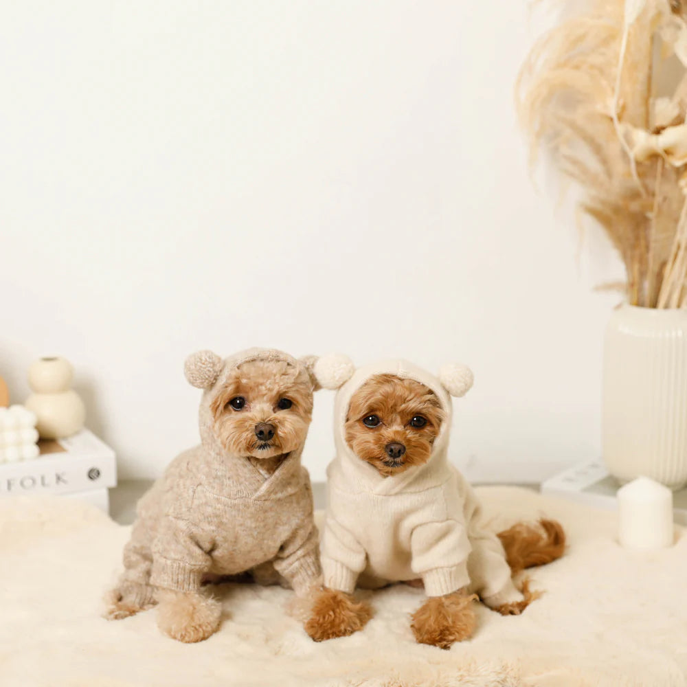 Moncheri Wool-blend Cable Knit with Ears Rompers, Ivory