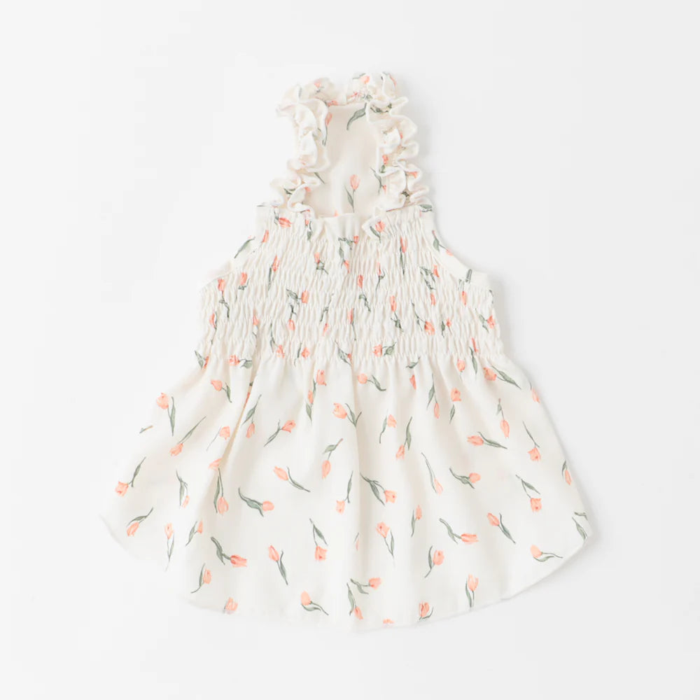 Moncheri Cold Tulip Pattern Gather Shirring Dress