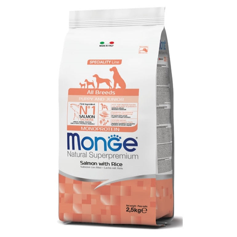 Monge All Breeds Puppy and Junior Monoprotein Salmon with Rice, 2.5 kg