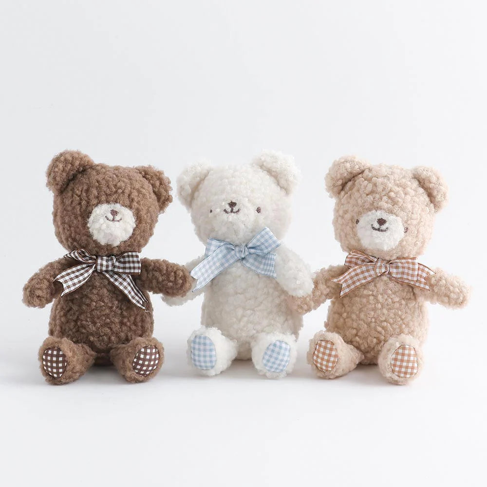 Moncheri Bear Gingham Check Ribbon Plush, Ivory