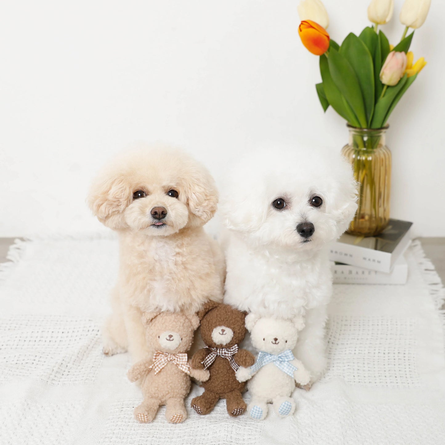 Moncheri Bear Gingham Check Ribbon Plush, Ivory