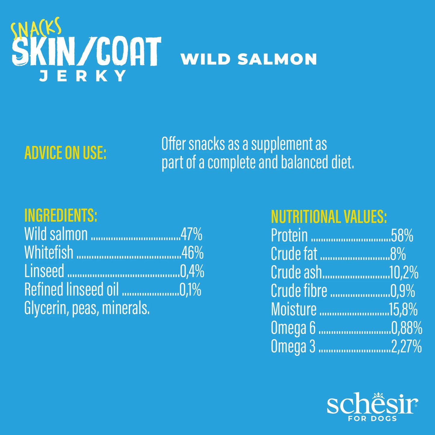 Schesir Grain-Free Dog Snacks Skin & Coat Jerky, Salmon, 115 g