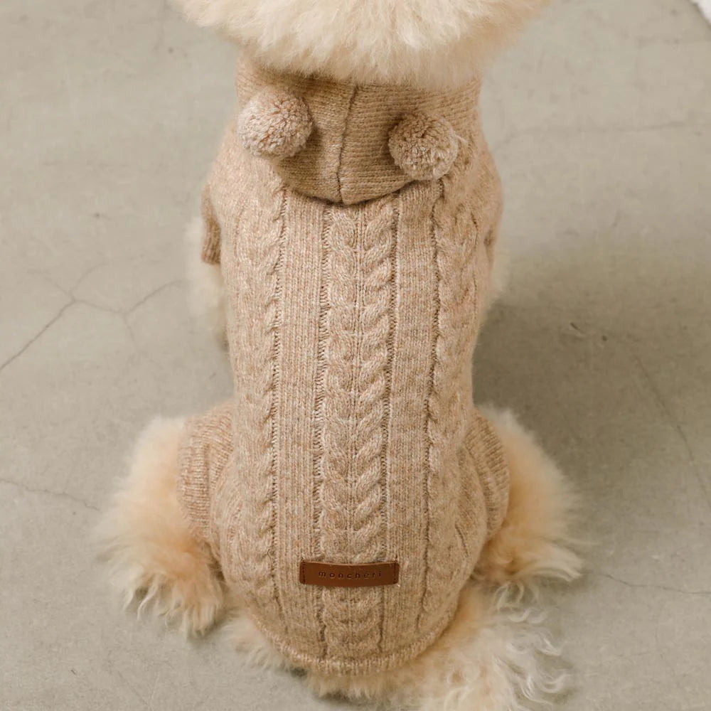 Moncheri Wool-blend Cable Knit with Ears Rompers, Beige