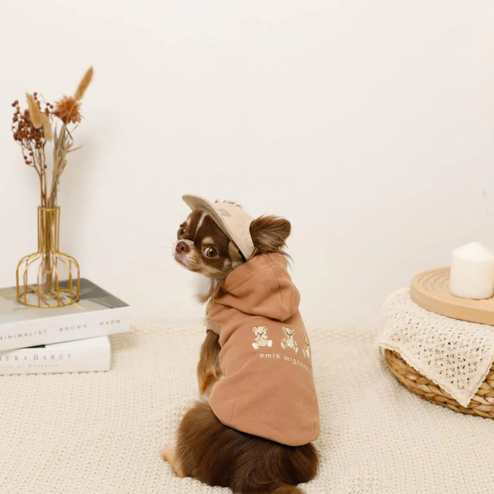 Moncheri Kuma-san Embroidery Sleeveless Hoodie, Brown