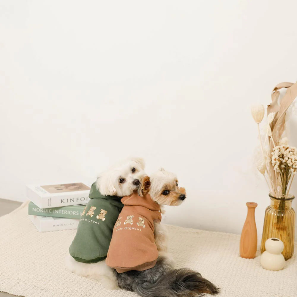 Moncheri Kuma-san Embroidery Sleeveless Hoodie, Brown