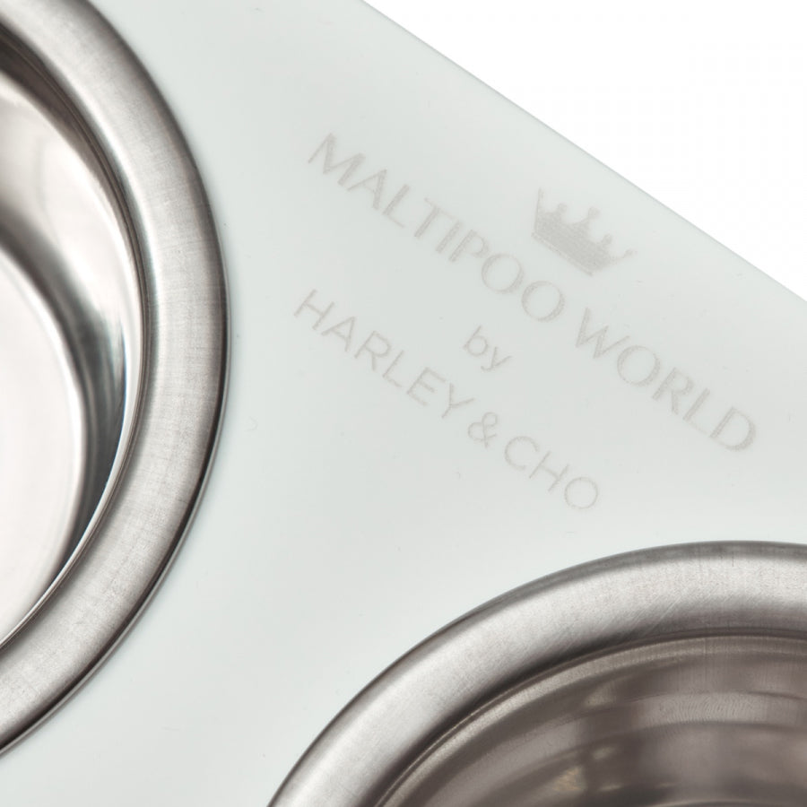 Maltipoo World Food and Water Bowls on a Stand, White