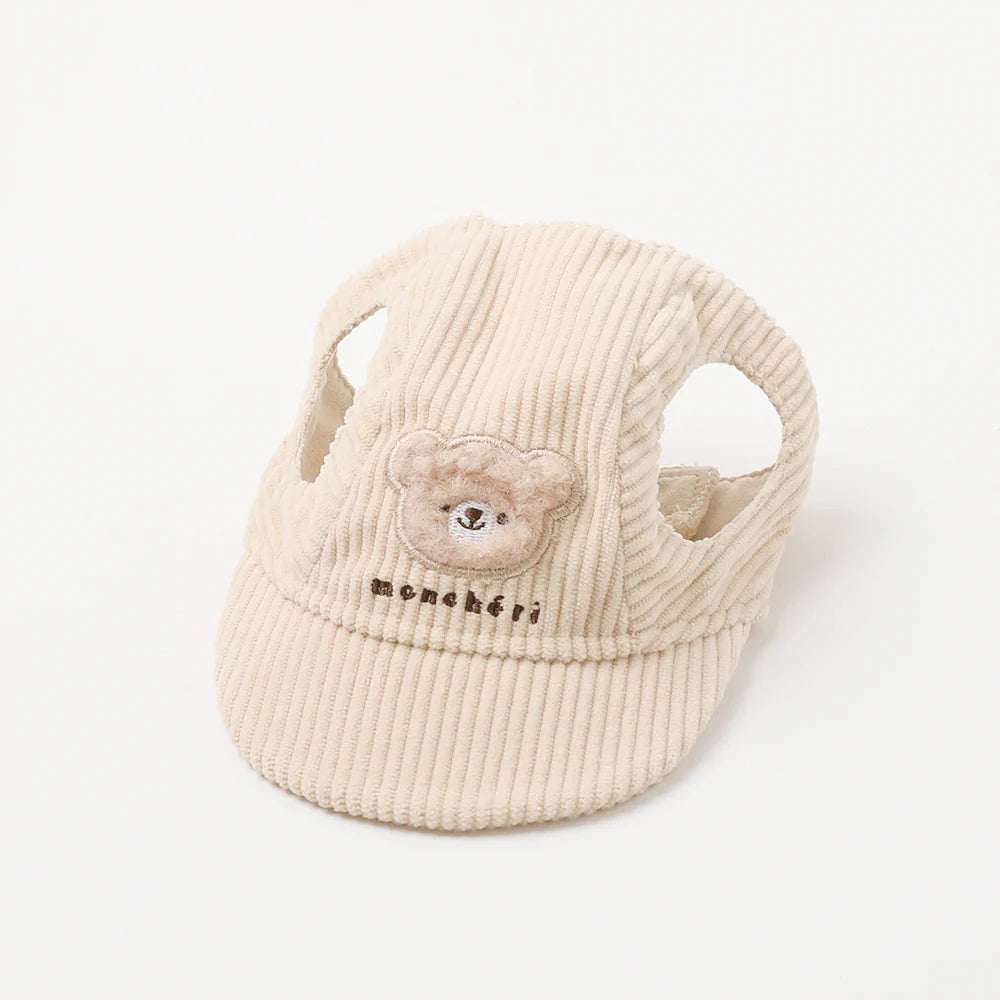 Moncheri Kuma Embroidery Corduroy Cap, Ivory
