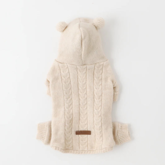 Moncheri Wool-blend Cable Knit with Ears Rompers, Ivory