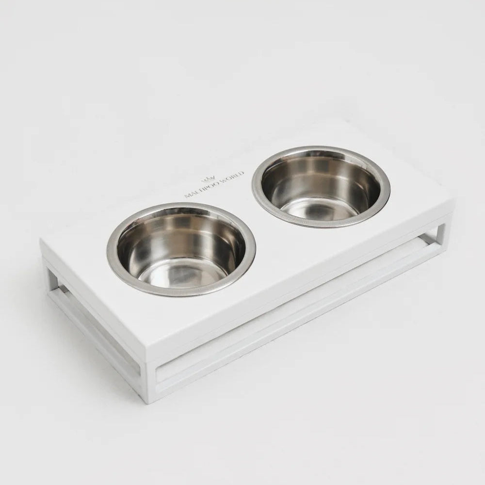 Maltipoo World Food and Water Bowls on a Stand, White Wood