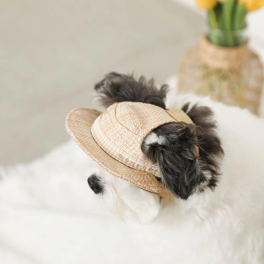 Moncheri Gingham Check Ribbon Boater Hat, Beige