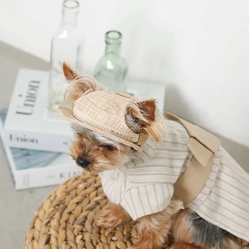 Moncheri Gingham Check Ribbon Boater Hat, Beige