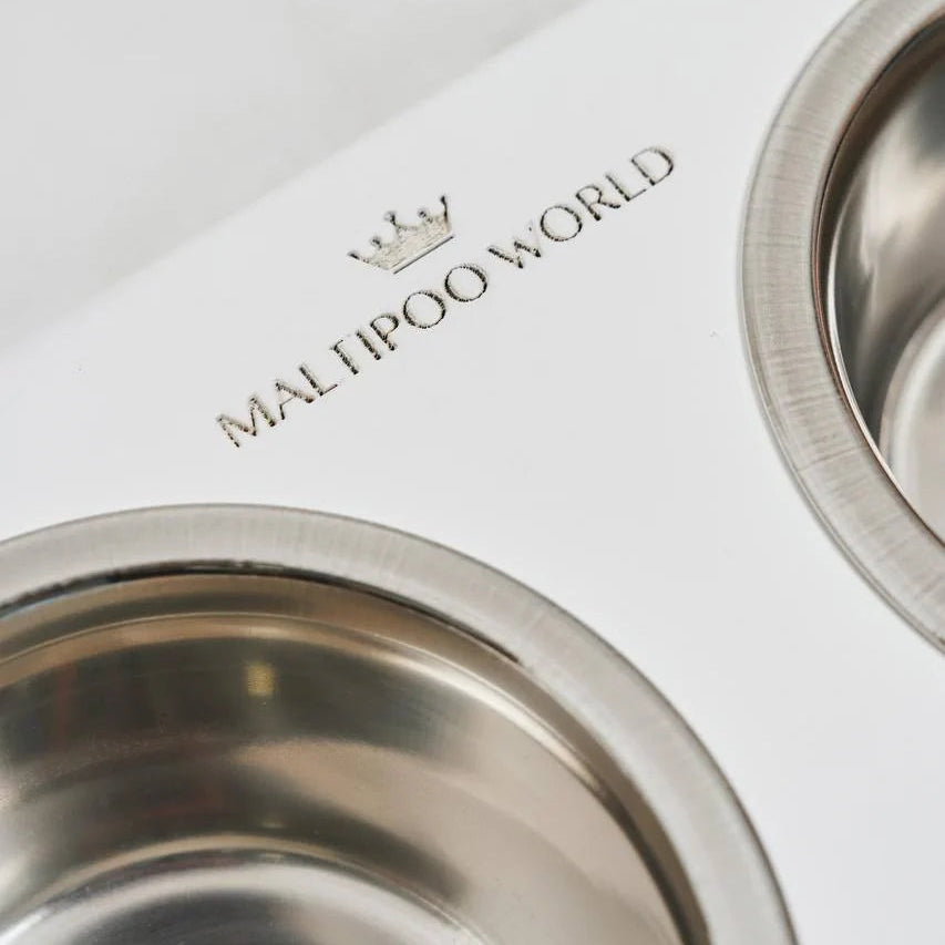 Maltipoo World Food and Water Bowls on a Stand, White Wood