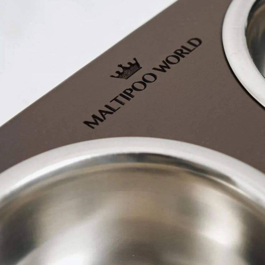 Maltipoo World Food and Water Bowls on a Stand, Brown Wood