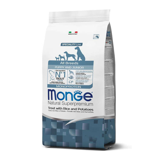 Monge All Breeds Puppy and Junior Monoprotein Trout with Rice and Potatoes, 2,5 kg