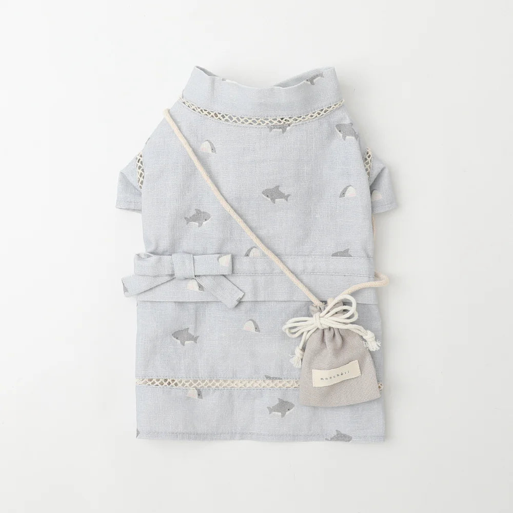Moncheri Cooling Insect-Repellent Shark-Patterned Jinbei + Drawstring Pouch Set, Blue