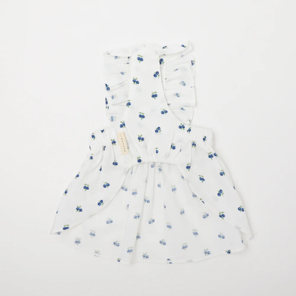 Moncheri Cold Frill Ribbon Fruit Print Dress, Blue