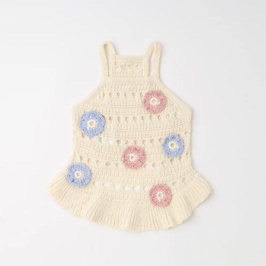 Moncheri Flower Motif Summer Knit Dress, Ivory
