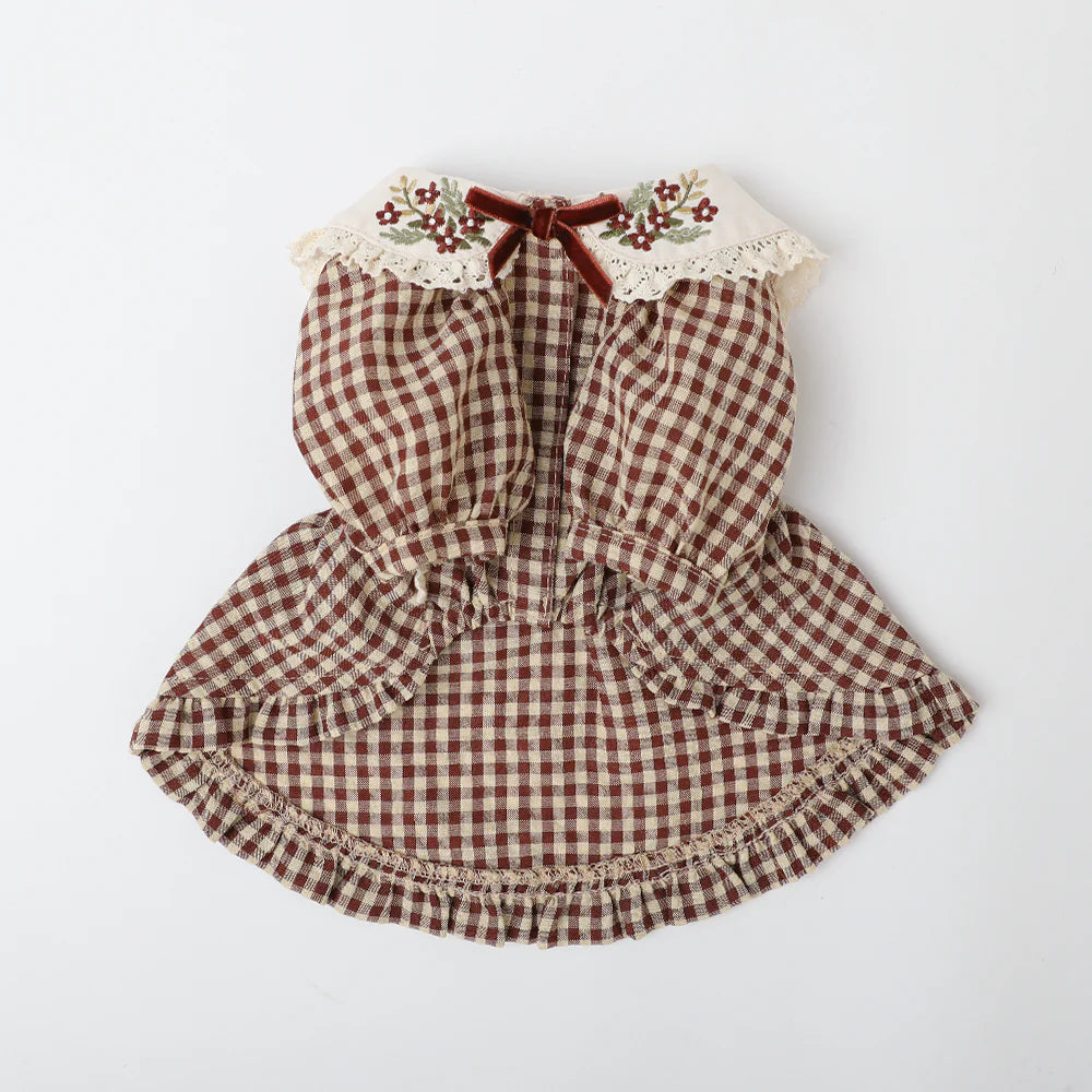 Moncheri Gingham Check Dress with Flower Collar Embroidery, Brown