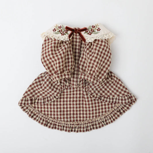 Moncheri Gingham Check Dress with Flower Collar Embroidery, Brown