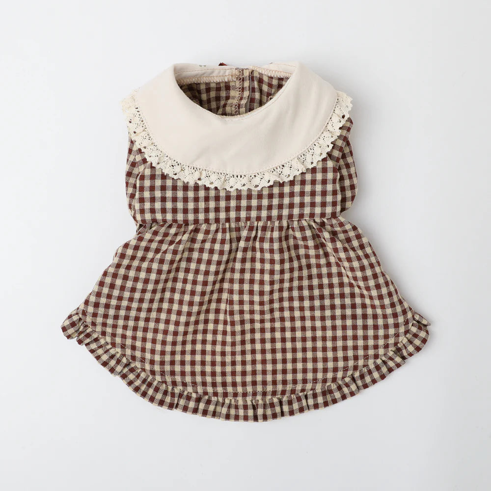 Moncheri Gingham Check Dress with Flower Collar Embroidery, Brown