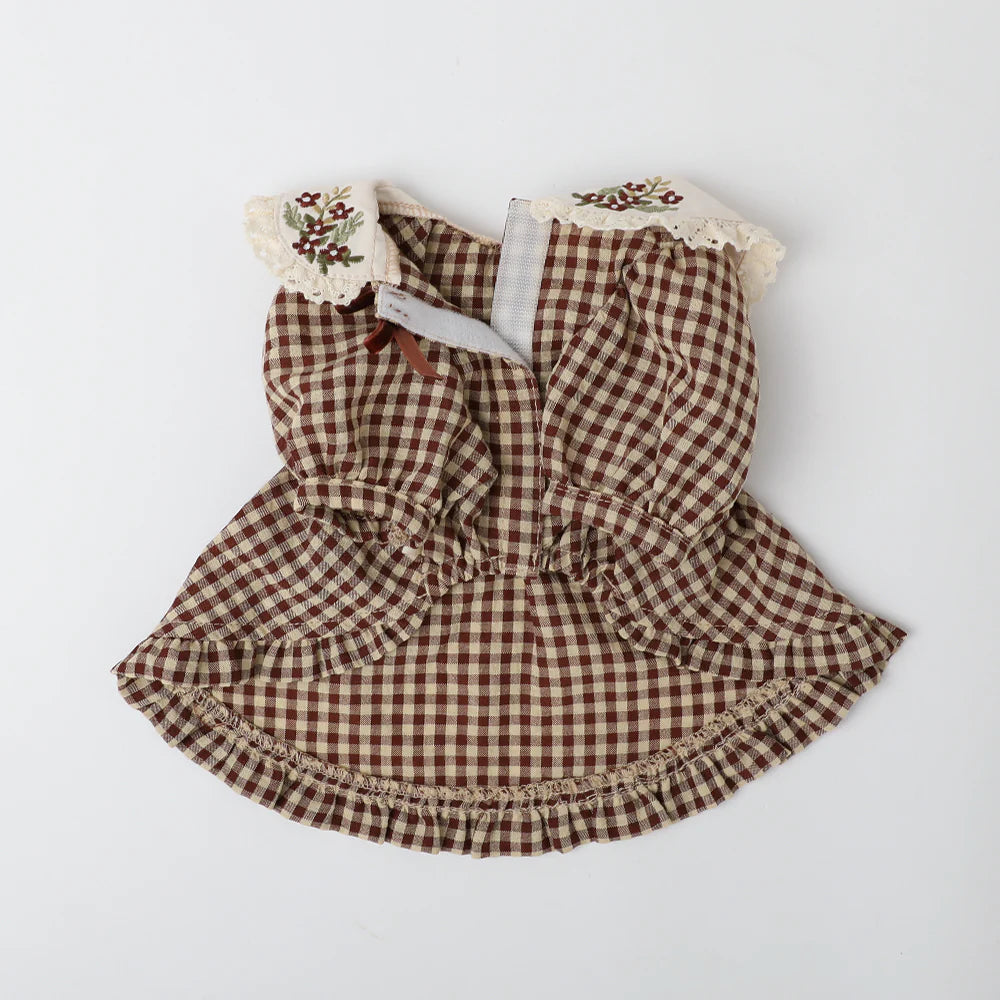 Moncheri Gingham Check Dress with Flower Collar Embroidery, Brown