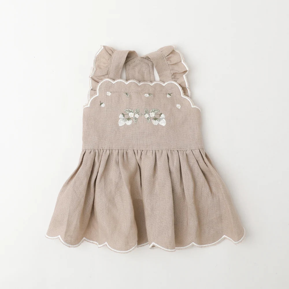 Moncheri Cooling Strawberry Pattern Embroidered Scalloped Dress, Beige
