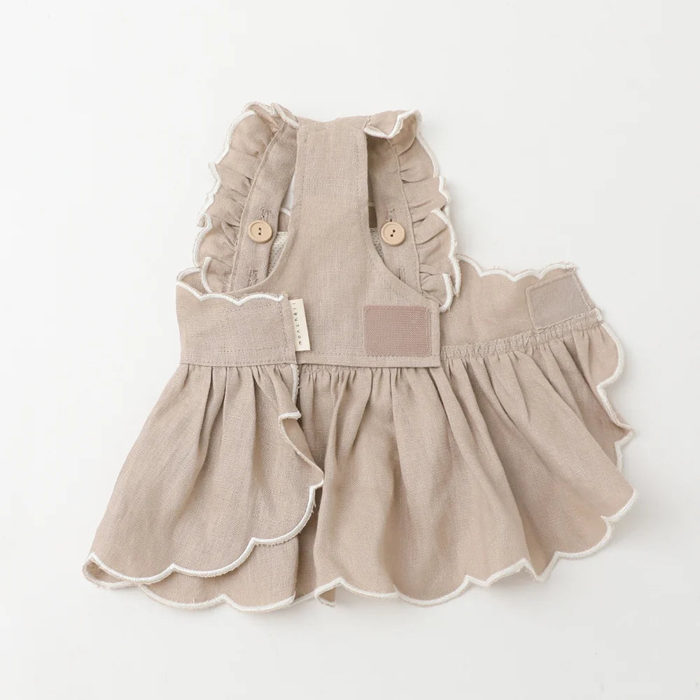 Moncheri Cooling Strawberry Pattern Embroidered Scalloped Dress, Beige
