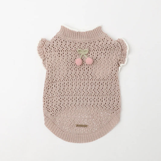 Moncheri Cooling Cherry Motif Summer Knit Top, Beige