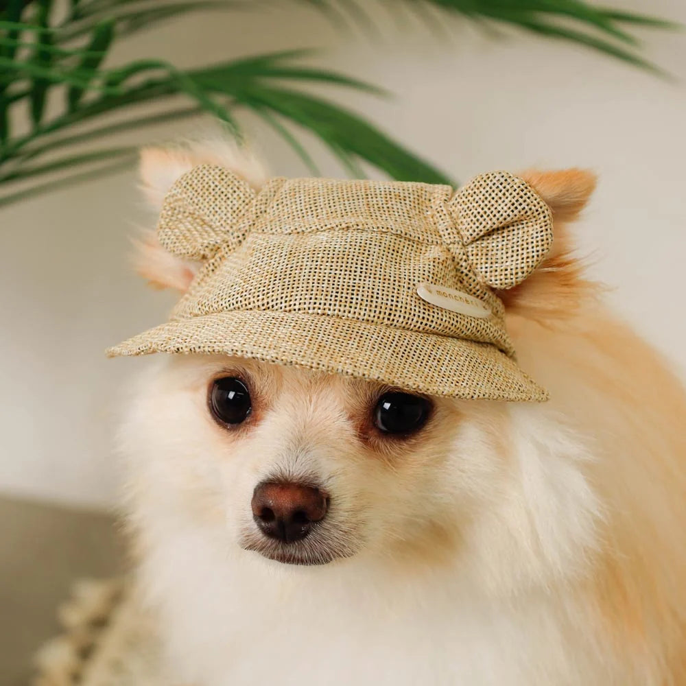 Moncheri Bear Ear Straw Hat, Beige