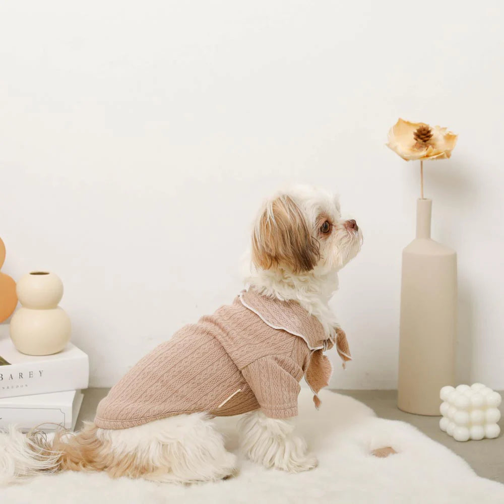 Moncheri Neck Ribbon Bicolor Mellow Top, Beige